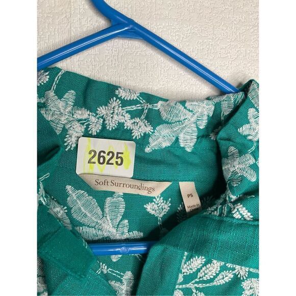 SOFT SURROUNDINGS Green‎ Embroidered Roll Tab Sleeve Tunic Linen  Blouse Sz PS - Picture 5 of 11